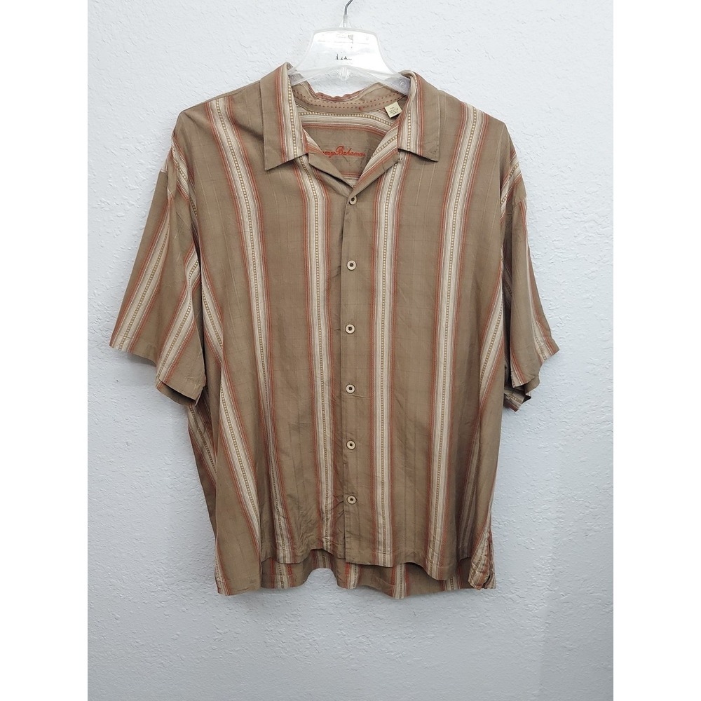 Tommy Bahama Silk Shirt Mens 2XL XXL Brown Vertical Stripe‎ Camp Button up Beach